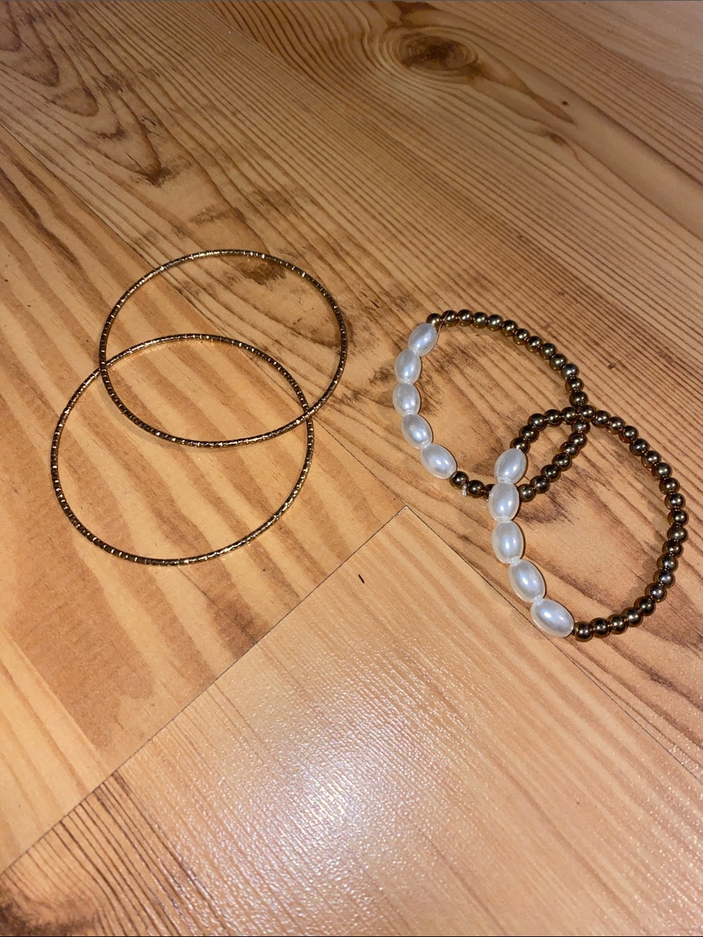 Gold Beaded and Pearl Accent Stretch Bracelets & Gold Hoop Set - Women Jewelry